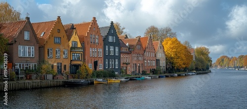 Colorful houses line canal, autumn leaves, boats moored, tranquil waterway.  Ideal for travel brochures