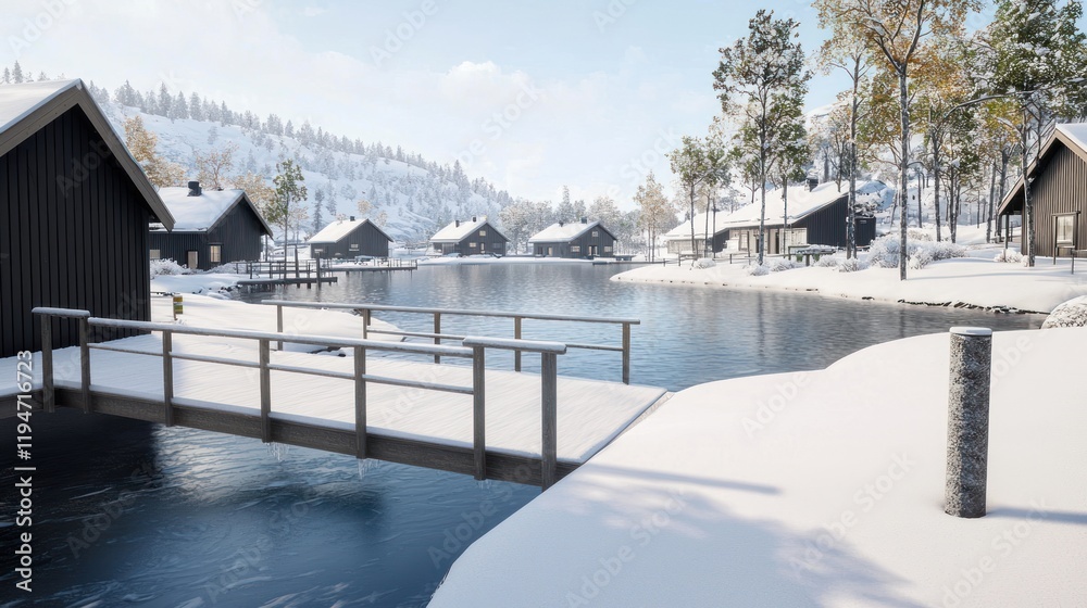 Fototapeta premium Winter landscape with cabins by a serene lake and snow-covered surroundings.