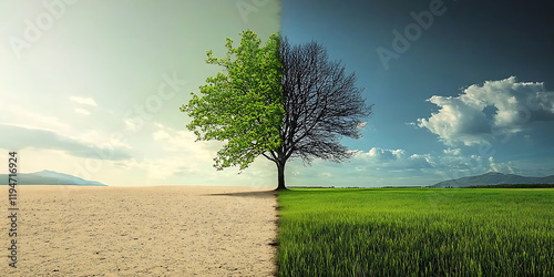 Dramatic transformation from arid drought landscape to lush green growth, showcasing climate change impacts and sustainability. High-quality detail, perfect composition, and environmental awareness.
