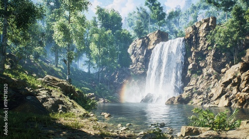 Enchanted Waterfall in Lush Forest Paradise, A Breathtaking Nature Scene