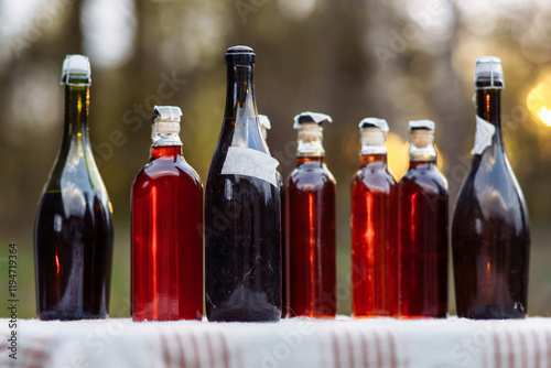 Seven glass transparent bottles with corks of homemade red berry and honey wine on autumn evening .