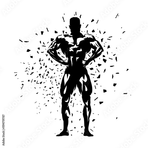 Bodybuilding, posing bodybuilder, isolated vector silhouette with dispersion effect