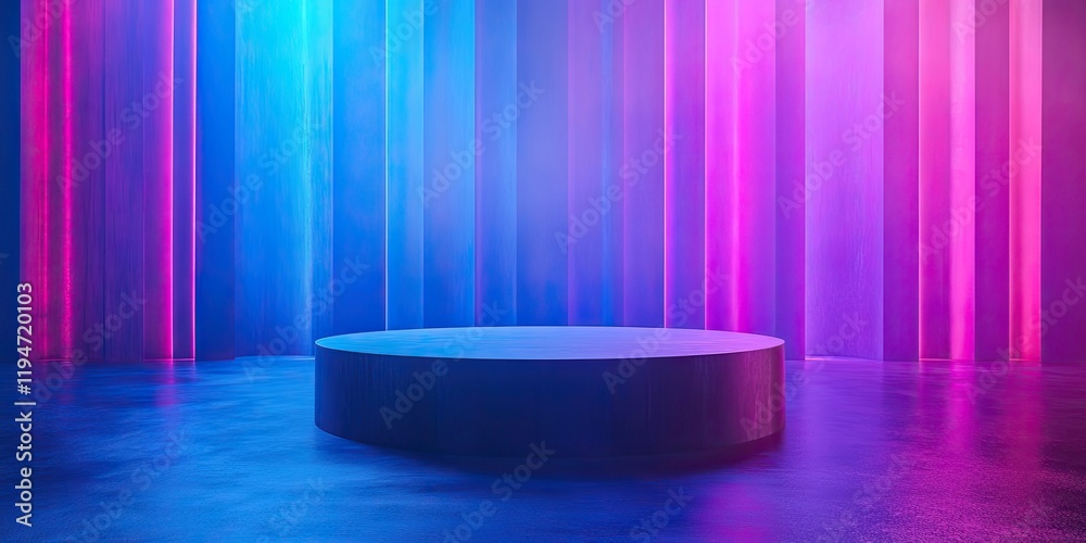 Abstract surreal scene features a central round podium on a reflective floor with vibrant neon blue and pink hues in a dreamy backdrop. Abstract surreal scene features a central round podium on a reflective floor with vibrant neon blue and pink hues in a dreamy backdrop.