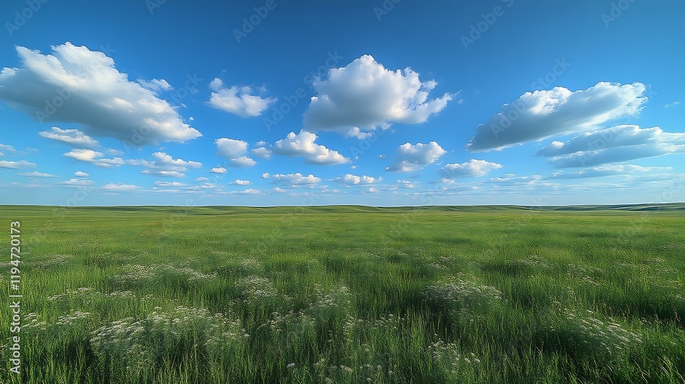 Vast green prairie under a bright blue sky with fluffy clouds. Vast green prairie under a bright blue sky with fluffy clouds.