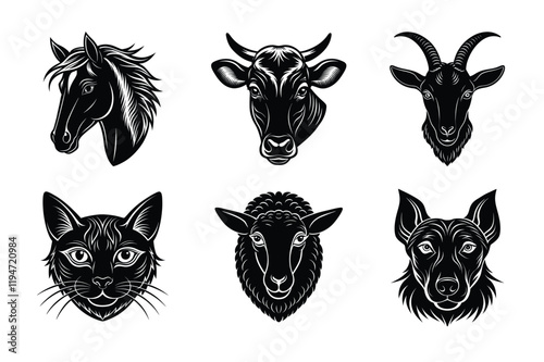 Domestic animals head silhouette set, Animal icon vector illustration, dog, cat, cow, sheep, horse, cat