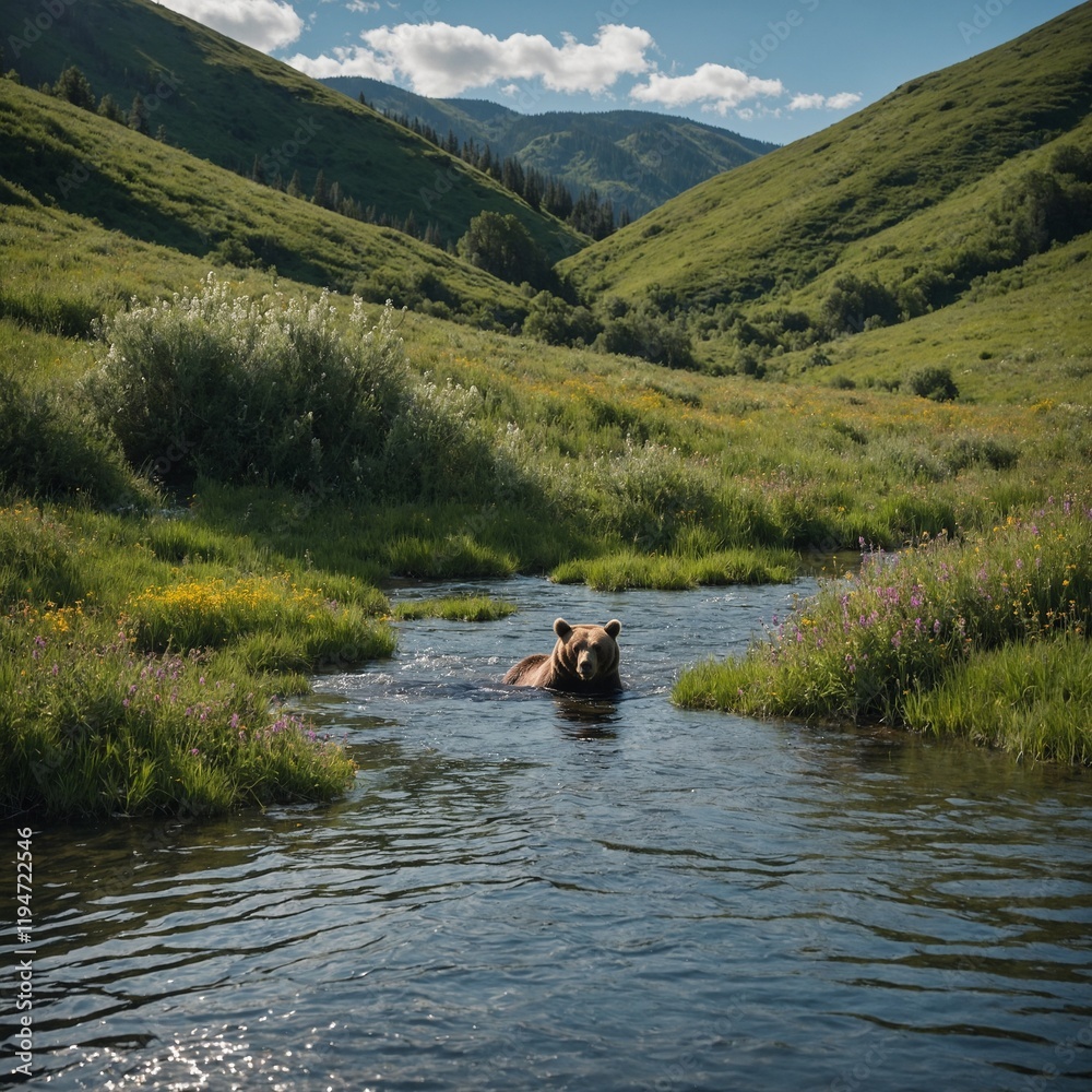 A bear swimming in a sparkling river framed by lush green hills and wildflowers. A bear swimming in a sparkling river framed by lush green hills and wildflowers.