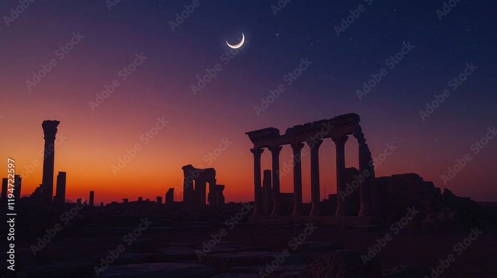 Fototapeta premium Ancient Ruins Silhouetted Against a Sunset Sky