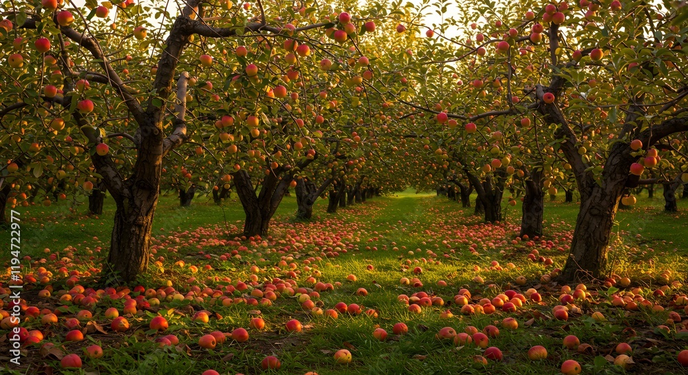 Naklejka premium A serene apple orchard with ripe apples on trees and fallen ones on the ground. Farming and Agriculture