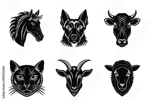 Domestic animals head silhouette set, Animal icon vector illustration, dog, cat, cow, sheep, horse, cat