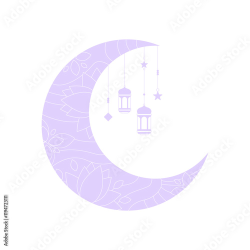 Crescent Moon With Hanging Lanterns In Flat Vector Illustration Symbolizing Ramadan, Islamic Festivities, And Spiritual Devotion, Isolated On White Background