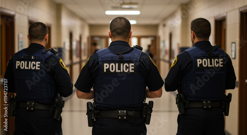 Police officers in uniform patrolling school hallway, ensuring safety, protection, and security. Law enforcement, teamwork, and authority in educational environment for public safety and surveillance