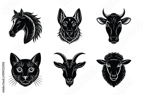 Domestic animals head silhouette set, Animal icon vector illustration, dog, cat, cow, sheep, horse, cat