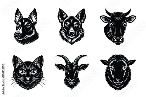 Domestic animals head silhouette set, Animal icon vector illustration, dog, cat, cow, sheep, horse, cat