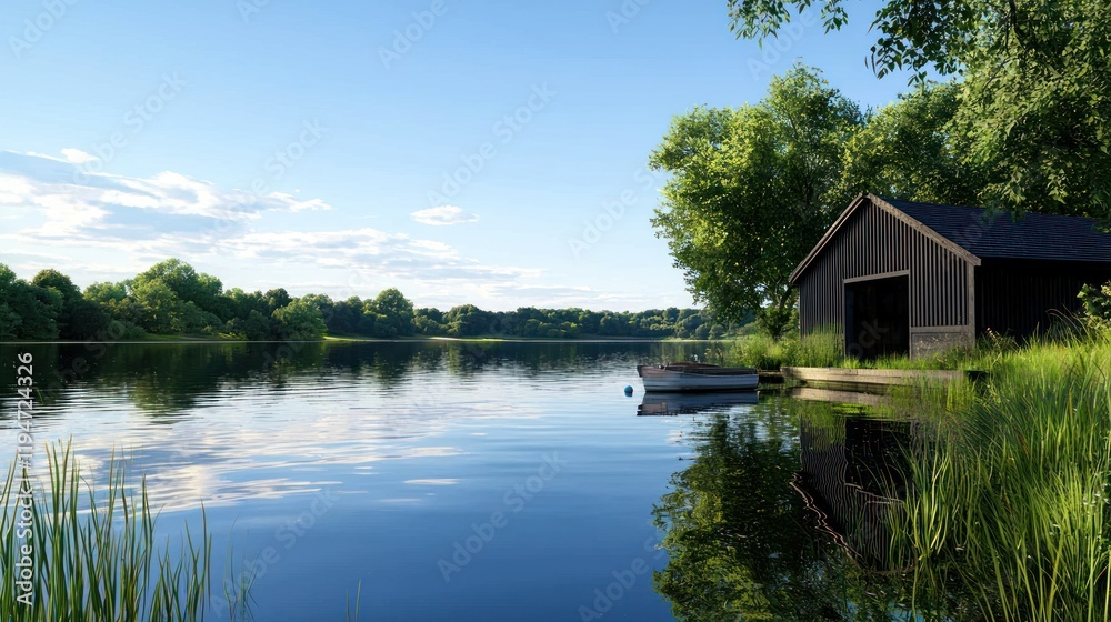Serene lakeside view with a boathouse and lush greenery. Serene lakeside view with a boathouse and lush greenery.