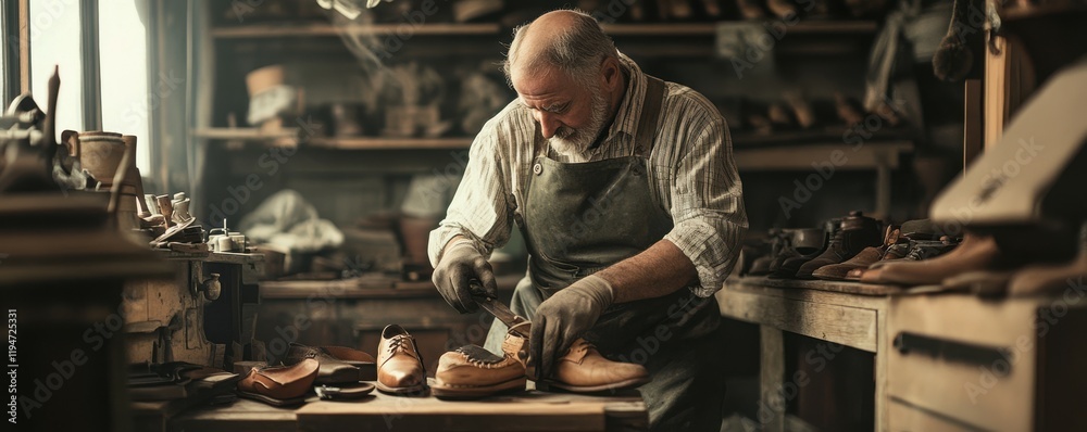 A cobbler repairing shoes in a small, rustic workshop, 4k photo. A cobbler repairing shoes in a small, rustic workshop, 4k photo.