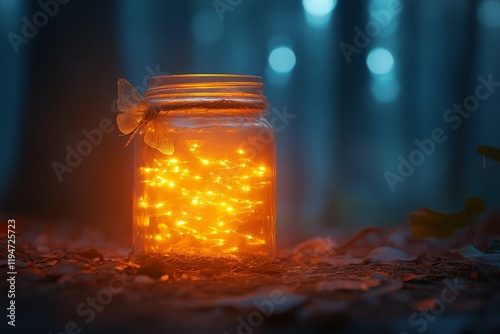 A delicate butterfly perches on a jar filled with bright glowing lights, creating a captivating and serene atmosphere in the enchanting twilight forest setting. photo