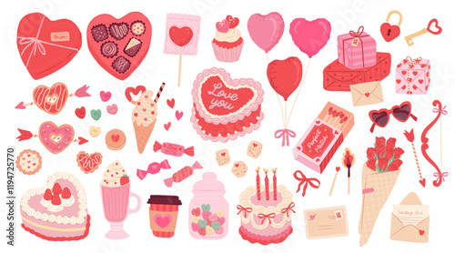 Collection of Valentines and Love Season vector illustration of sweets and desserts