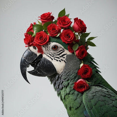 A parrot with a crown of roses adorning its head, casting a regal shadow on a seamless white background. photo