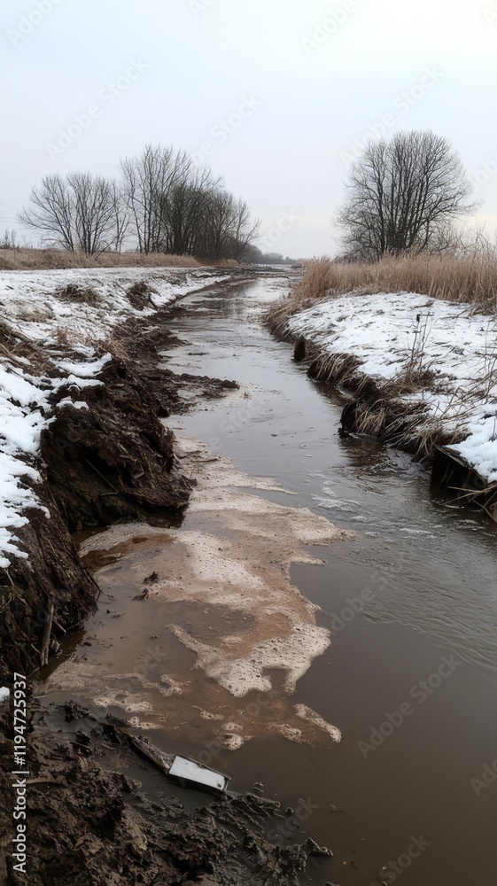 Snow-covered bank beside a muddy stream in a rural area during winter Snow-covered bank beside a muddy stream in a rural area during winter