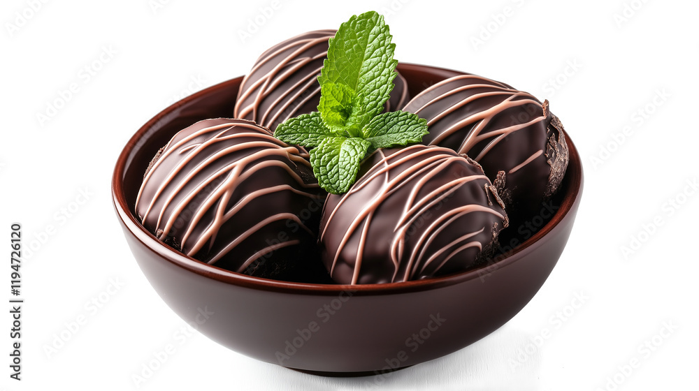 Delicious chocolate-covered zephyrs with mint in bowl isolated on a white background Delicious chocolate-covered zephyrs with mint in bowl isolated on a white background