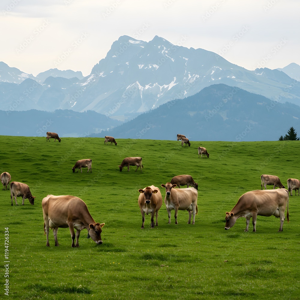 A herd of cows grazing peacefully on a green pasture with a mountain backdrop. Farming and Agriculture A herd of cows grazing peacefully on a green pasture with a mountain backdrop. Farming and Agriculture