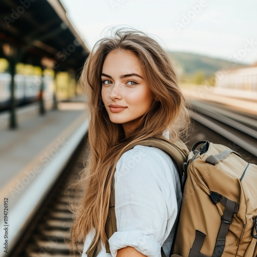 bahnhof, bahnsteig, zug, reisen, travelling, traveler, urlaub, fernreise, bahnreise, frau, schönheit, lächelnd, haar, gesicht, lächeln, person, leute, leitbild, gestalten, blond, 1, frau, stadt, ausse photo