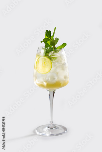 Fresh Hugo Spritz cocktail with lemon, mint and ice, stock, on white background photo