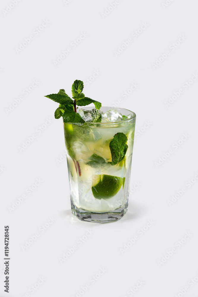 Fresh mojito cocktail with mint, lemon and ice, stock, on white background Fresh mojito cocktail with mint, lemon and ice, stock, on white background