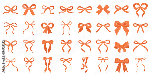Simple hand drawn orange ribbon bow collection. Bowknot for decoration, big set of bowtie. Large retro ribbon illustration set. Set of various cartoon bow knots, gift ribbons. Valentines day. Knot