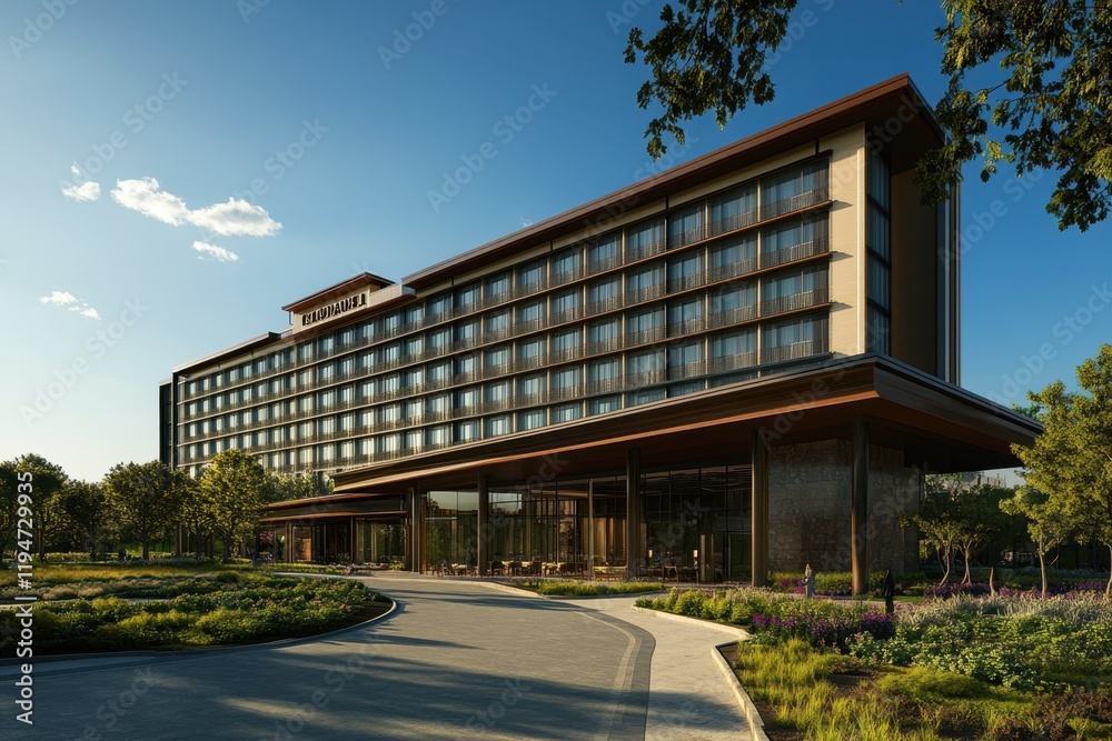 Modern hotel building with landscaping on sunny day