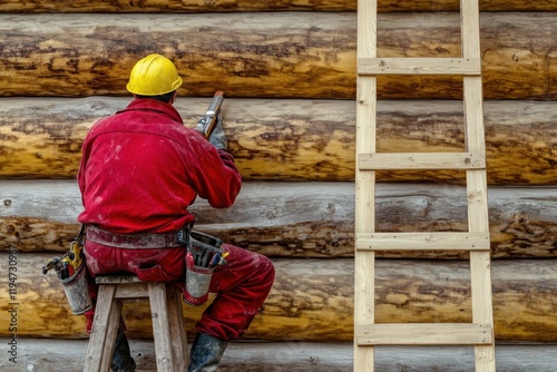 Construction worker building log cabin wall using caulking gun photo