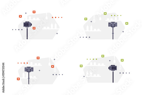 Wallpaper Mural Set of vector backgrounds with camera on tripod, shelves, bottles and heart icons. Background for blogs, social media banners or content related to photography and video shooting. Social media icons Torontodigital.ca