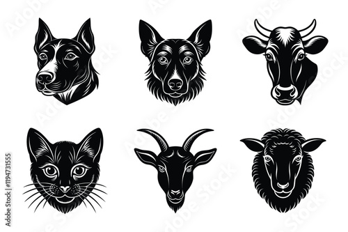 Animals head silhouette set vector illustration. Cow, Cat, horse, dog, sheep mascot icon collection