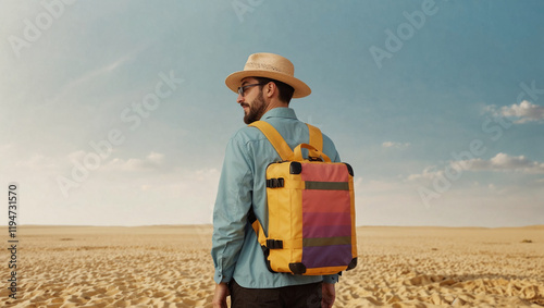 Traveler or passenger with a bag. Minimal vacation and travel concept. Copy space.