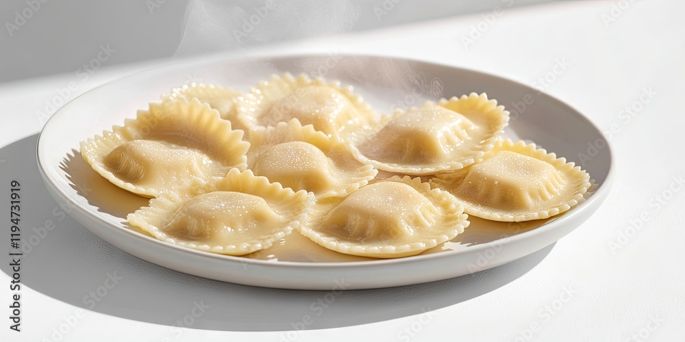Steaming ravioli arranged on a round white plate against a bright white background casting a subtle shadow showcasing fresh Italian cuisine Steaming ravioli arranged on a round white plate against a bright white background casting a subtle shadow showcasing fresh Italian cuisine