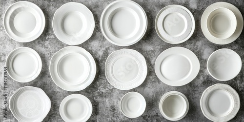 Collection of white porcelain dishes including plates and bowls arranged on a gray marble table background displaying restaurant service concepts photo