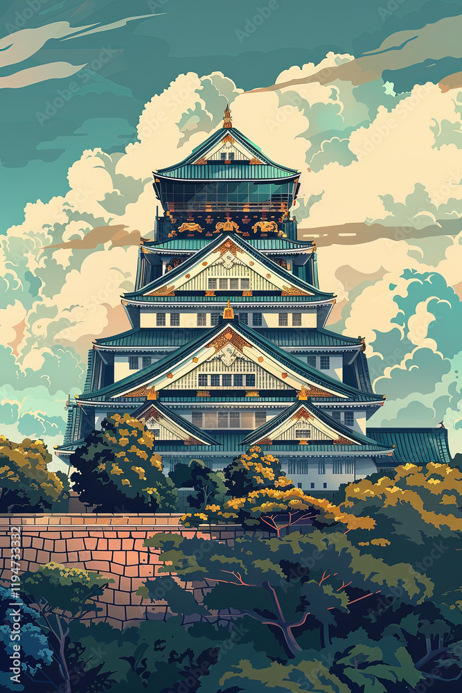Naklejka premium Majestic Osaka Castle: A Geometric Masterpiece