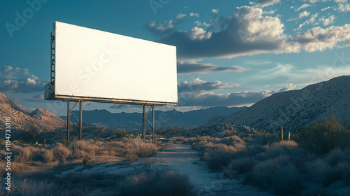 Vast desert landscape at sunset, white big empty mockup banner billboard with blue sky over road, advertising, commerce, marketing, promotion