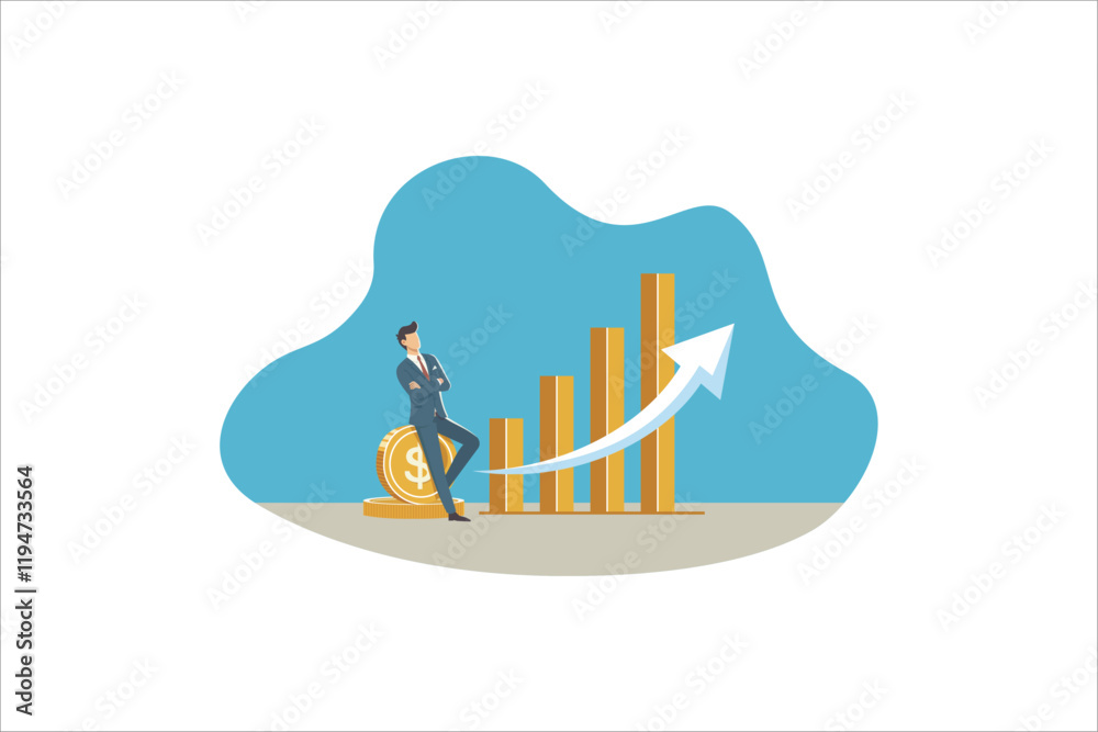 Obraz premium Businessman standing with crossed legs and leaning on rising profit growth graph. Investment profit growth, financial advisor. Make money to get rich or increase earning or income.
