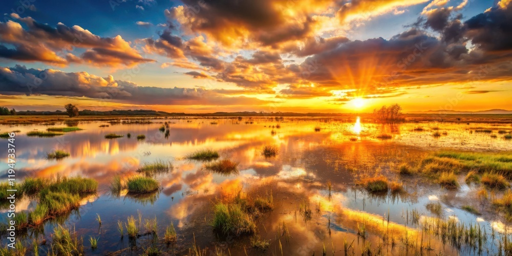 Obraz premium Golden Hour Reflection in a Serene Wetland at Sunset