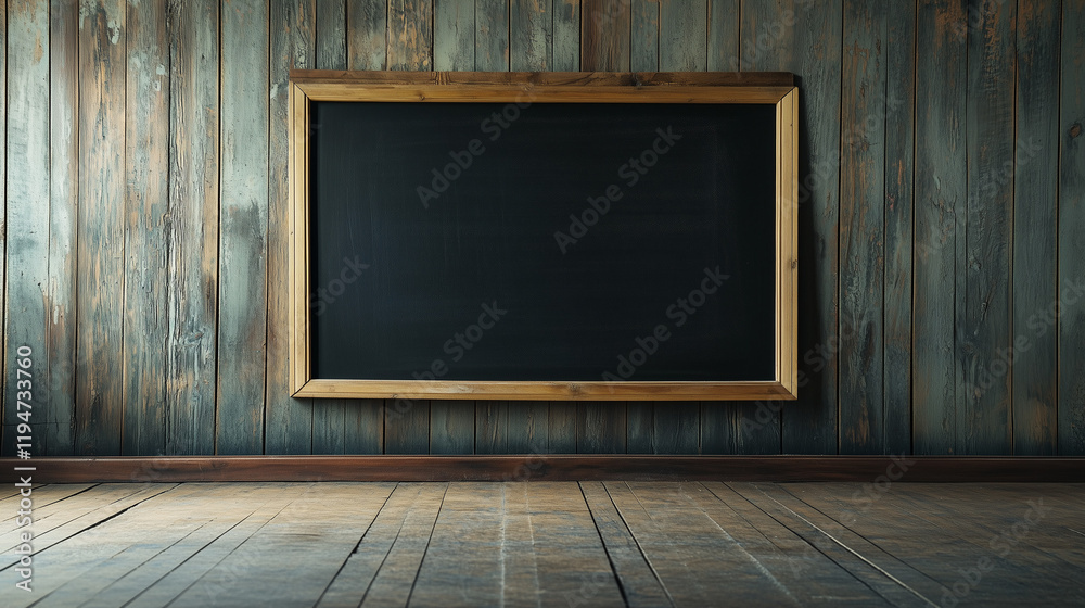 Rustic wooden framed empty blank mockup blackboard on vintage wooden wall