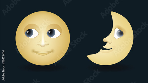 Half and full moon face vector emoji illustration isolated on dark background. Emoji set