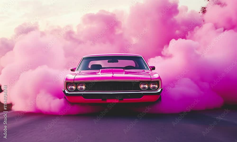 Retro car on the road in pink smoke. Retro car on the road in pink smoke.