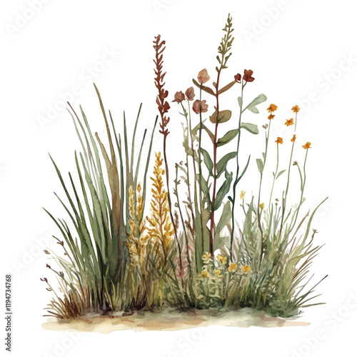 A watercolor vector of wetland plants, isolated on a white background. Wetland plants vector.

