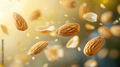 Raw almonds float elegantly against a soft, luminous backdrop, capturing their intricate textures and natural beauty. The warm light highlights their rich tones and organic appeal