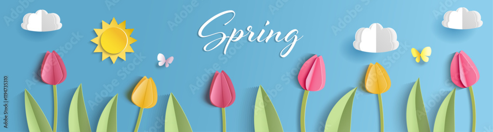 Banner with cut out tulips. Spring flowers, sun and clouds, blue sky, butterflies.   Background for header template. Mother day, 8 of March design border