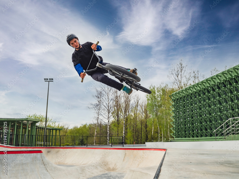 Fototapeta premium BMX bicycle rider doing stunt jump in quarter pipe. Skilled BMX freestyler athlete jumping over quarter ramp and doing aerial trick in street ramp park outdoors