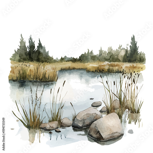 A watercolor vector of wetlands, isolated on a white background. Wetlands vector.
