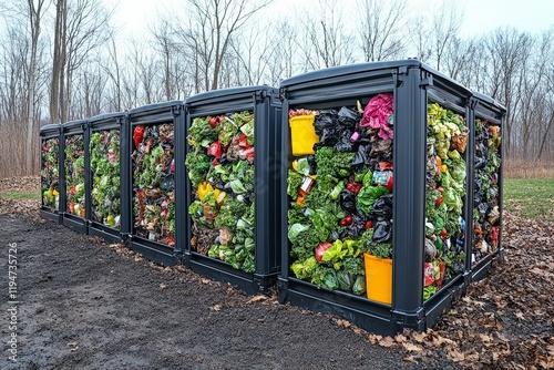 A series of outdoor compost bins, filled to the brim with organic waste materials, sit on a dirt path surrounded by bare trees, ready for decomposition. photo