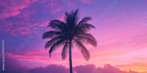 Fototapeta Naklejka Na Ścianę i Meble -  Single palm tree silhouette centered against vibrant purple sunset sky with soft pink and orange hues creating ample copy space for text.